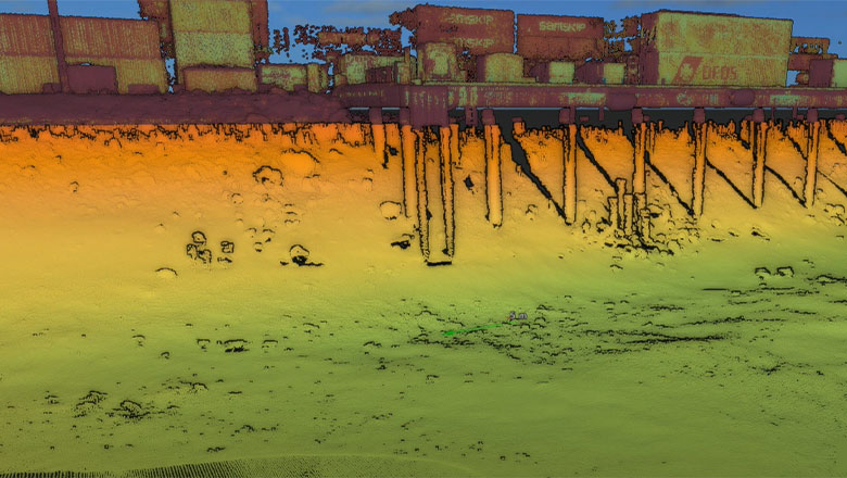 3D visualisation of multi-beam sonar and LiDAR laser data from a harbour inspection showing containers and harbour structures